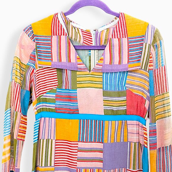 vintage 70's handmade metal zipper pastel rainbow patchwork madras midi dress - Picture 7 of 11